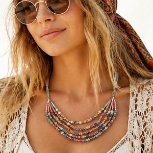 Bohemian Multi Strand Fabric Wrapped Bead Bib Necklace Antiqued Brass Multicolor
